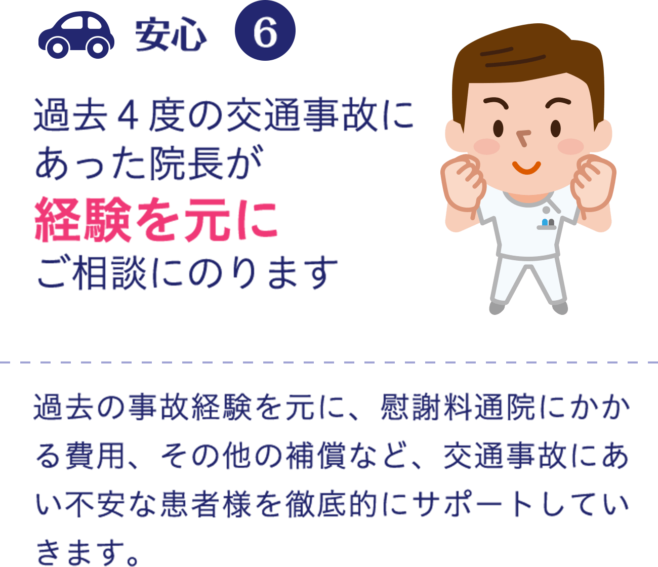 過去4度の交通事故にあった院長が経験を元にご相談にのります